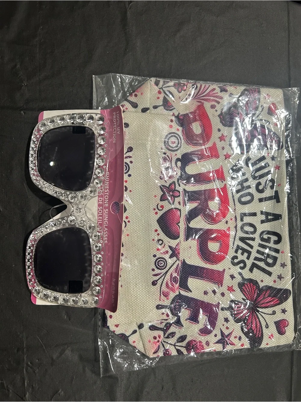 Makeup bag and Rhinestone Sunglasses - Clear Frame with Clear Crystals